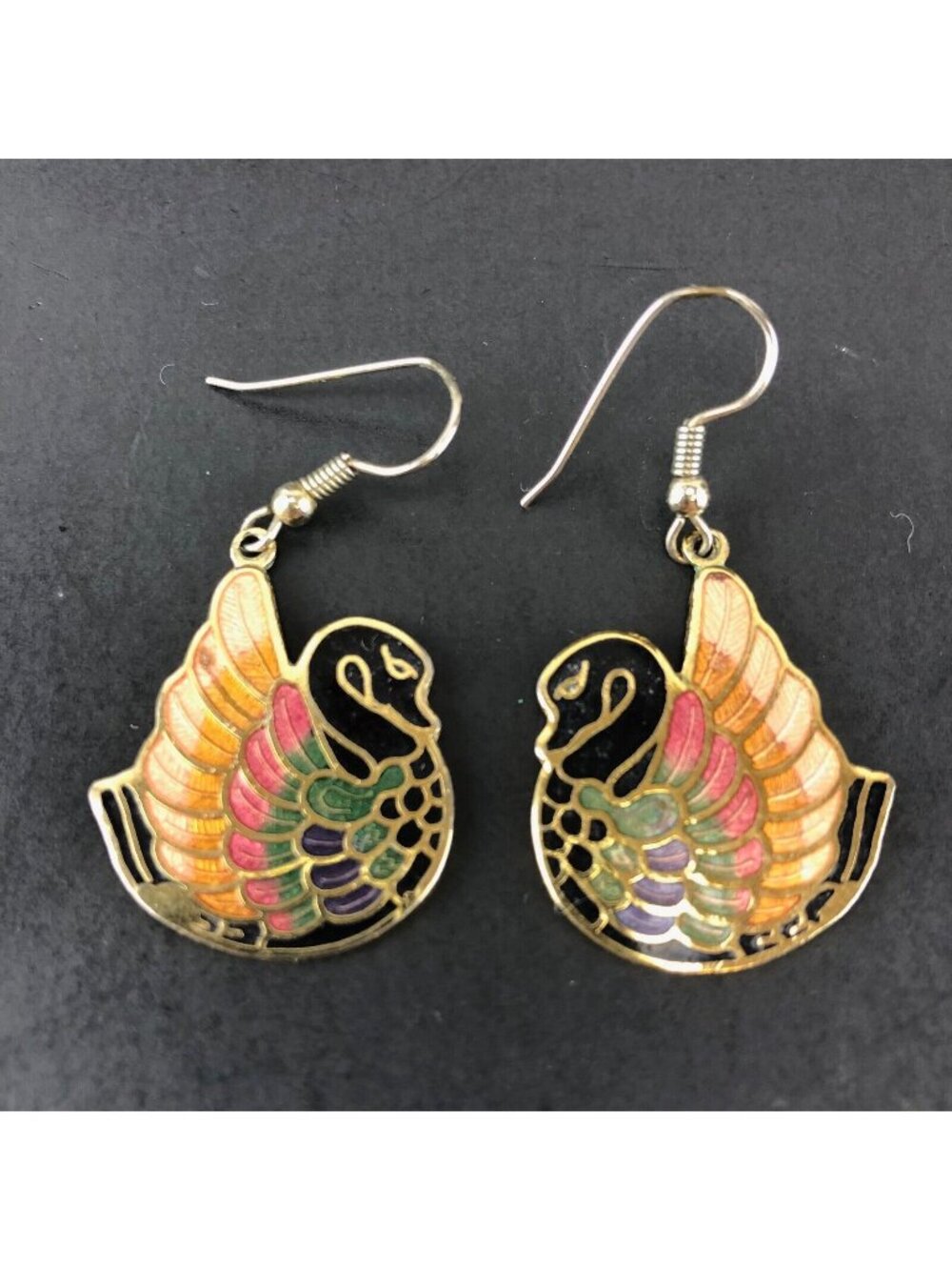 Vintage Avon Cloisonne Earrings Enamel Swans Gold-Tone